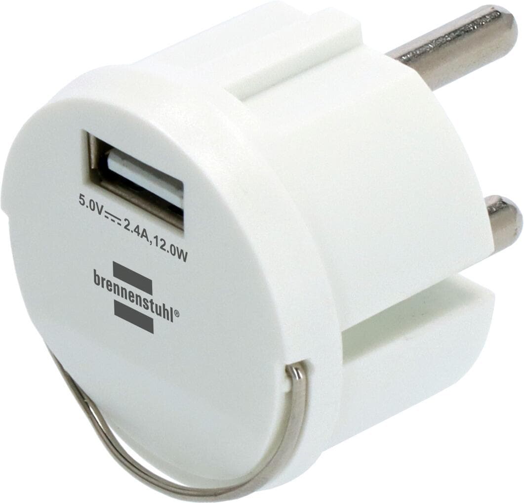 USB-A støpseladapter 12W flatt design, hvit Brennenstuhl forfra