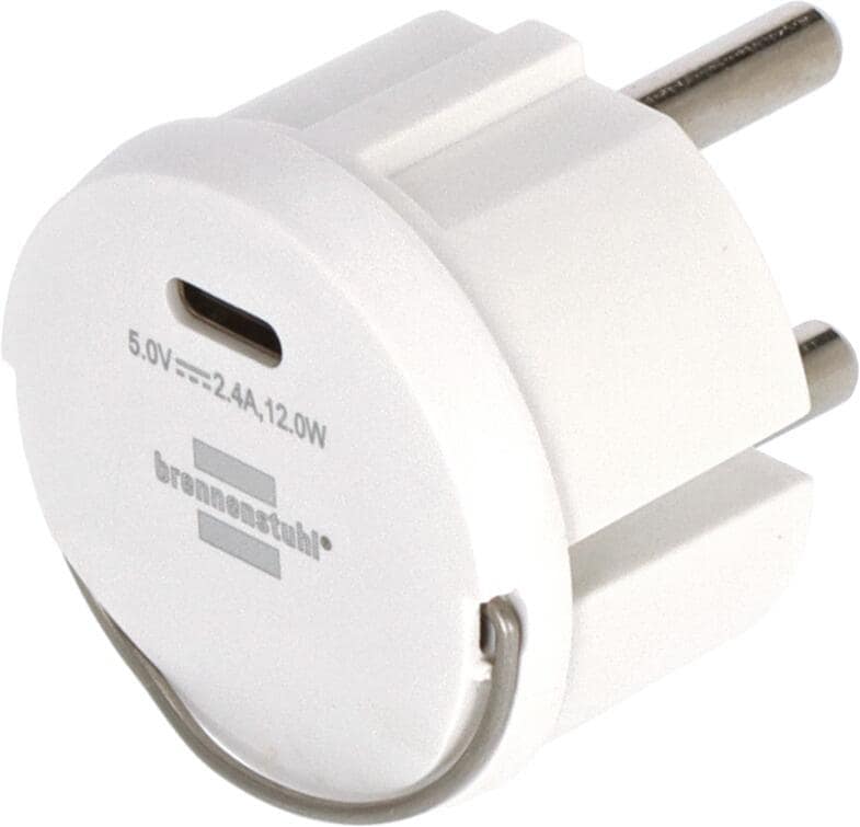 USB-C støpseladapter 2,4A flatt design for camping Brennenstuhl forfra