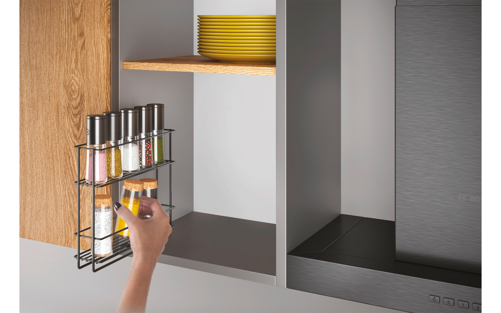 Detalj av uttrekkbar krydderhylle Metaltex med TouchTherm-belegg