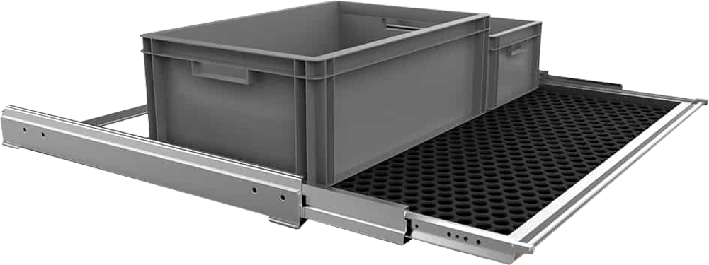Uttrekksskinne SLIDEOUT full bredde for VW T5-T6.1 California foran