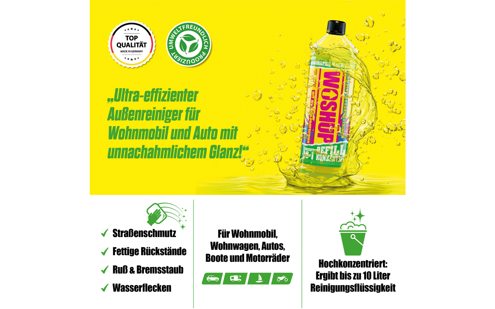 Detaljbilde av flaske med Utvendig rengjøringskonsentrat for campingvogn og bobil 1 l - WOSHUP!