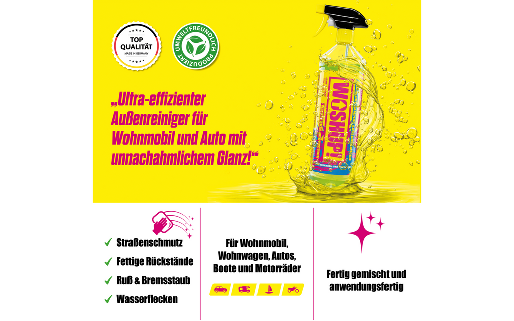 Utvendig rengjøringsmiddel 1 liter for bobil og campingvogn - WOSHUP! montert