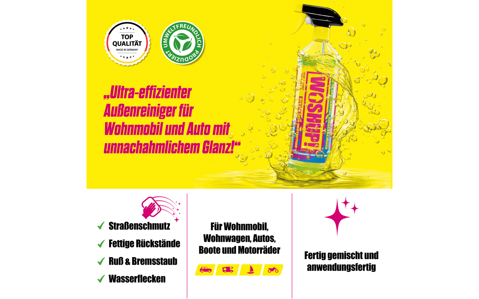 Utvendig rengjøringsmiddel 1 liter for bobil og campingvogn - WOSHUP! montert