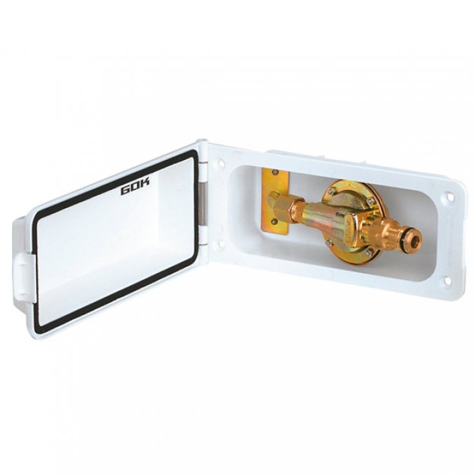 Utvendig vanntilkobling med vannregulator 155x65 mm hvit - GOK sett forfra