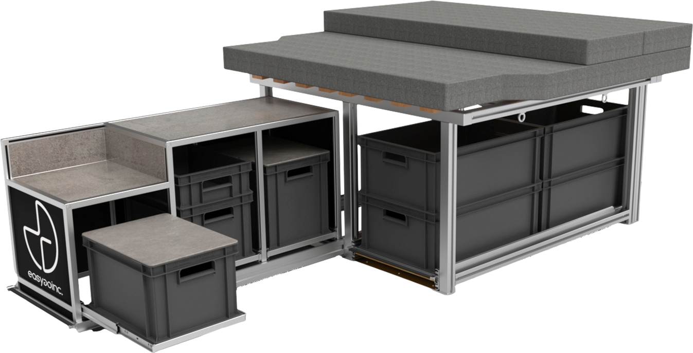 Vanlife-modul SPORT campingboks for VW T4 Transporter forfra