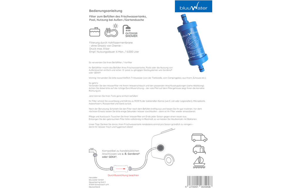 Montert vannfilter BF08 for påfylling Bluuwater