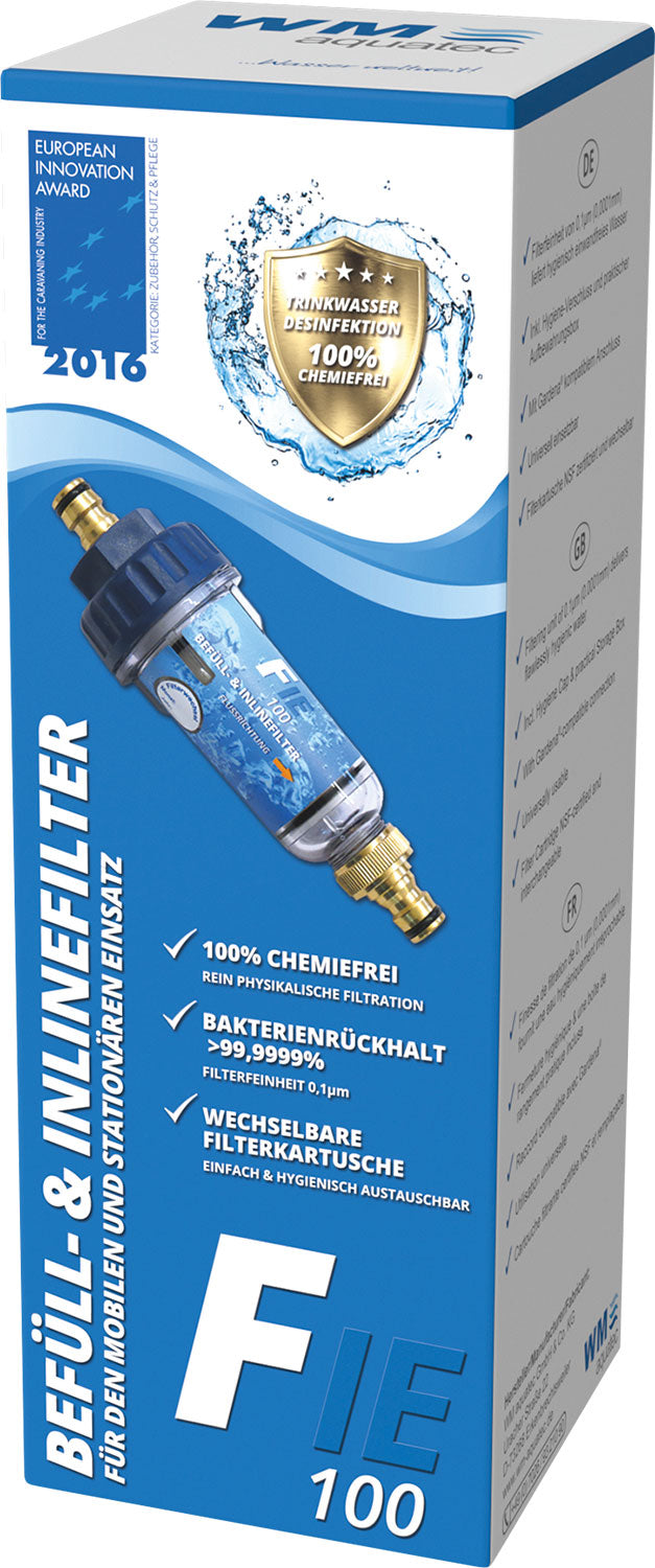 Vannfilter FIE-100 påfylling og inline fra WM Aquatec sett forfra