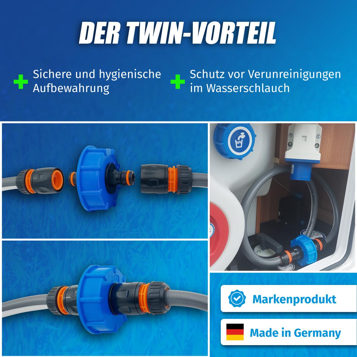 Montert Vanntankadapter WATERTWIN for tanklokk IG60 grovgjenge blå på vanntank