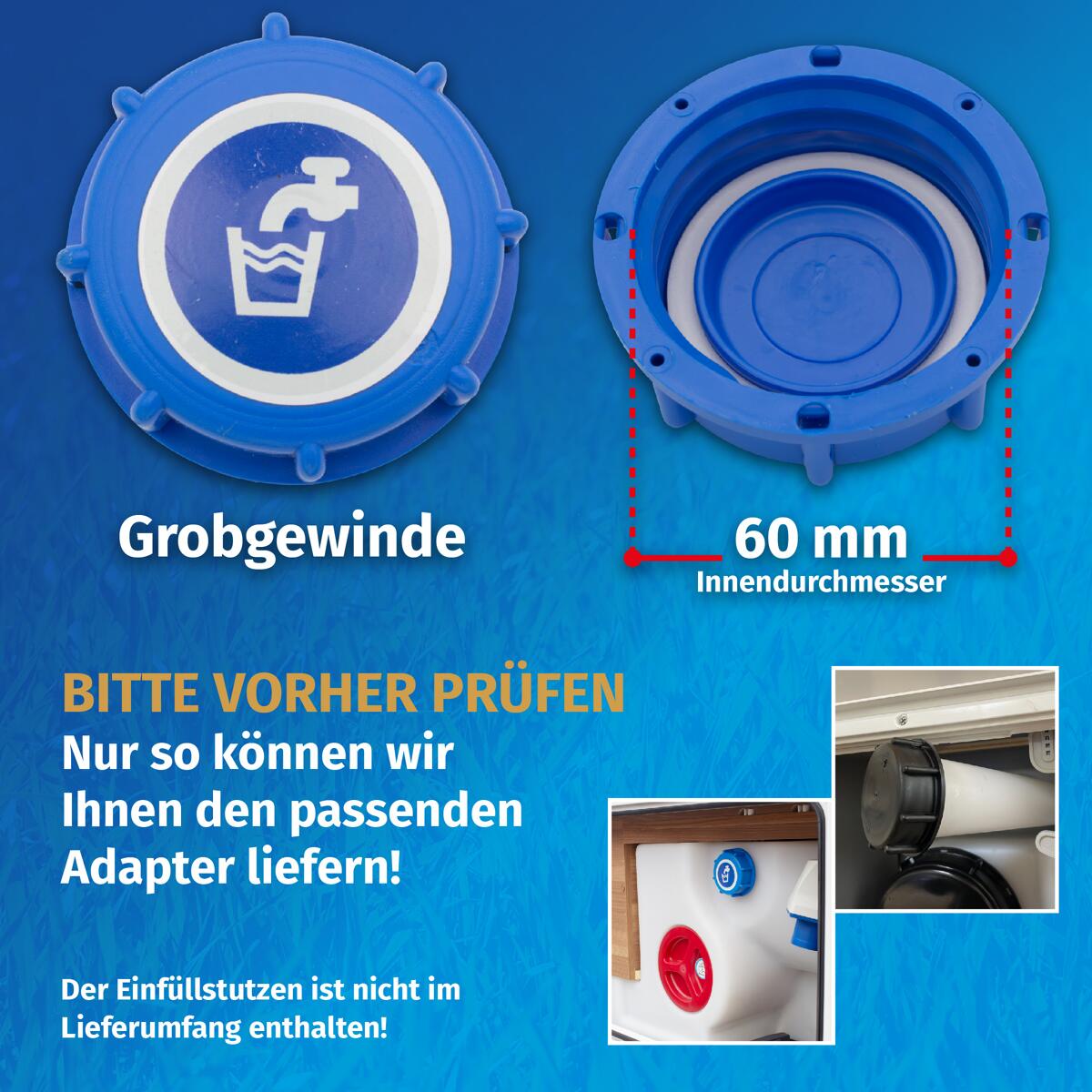 Oversikt av Vanntankadapter WATERTWIN for tanklokk IG60 grovgjenge blå med tilbehør