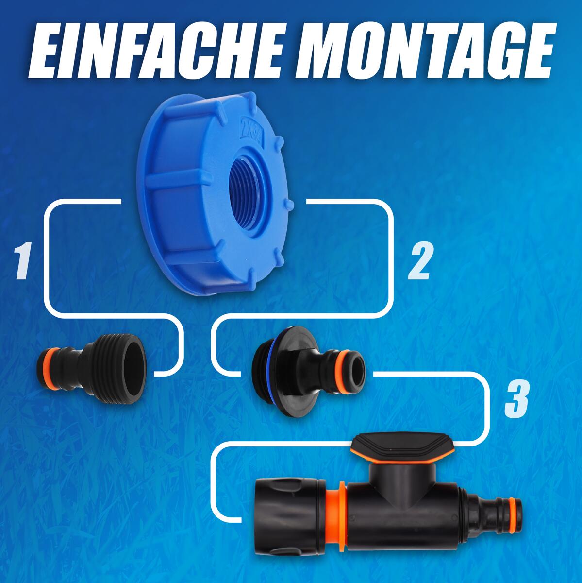 Sammenkobling av slanger med Vanntankadapter WATERTWIN for tanklokk IG60 grovgjenge blå