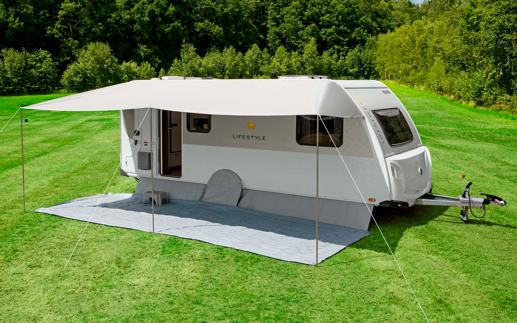 Vario solseil for campingvogn 500x240 cm polyester stålstenger forfra
