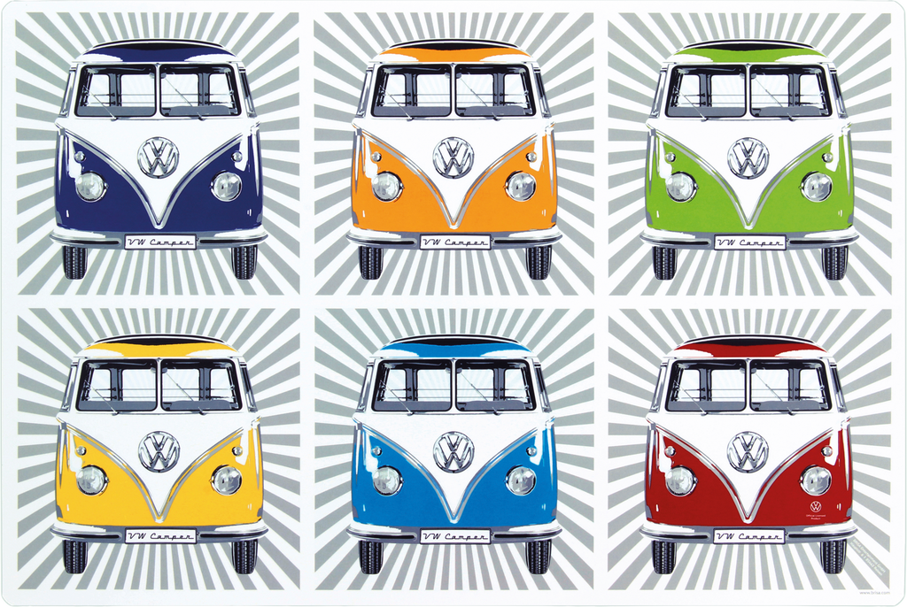 Vaskbare bordbrikker T1 Bulli Bus 4-er sett med fargerikt VW Bulli motiv forfra