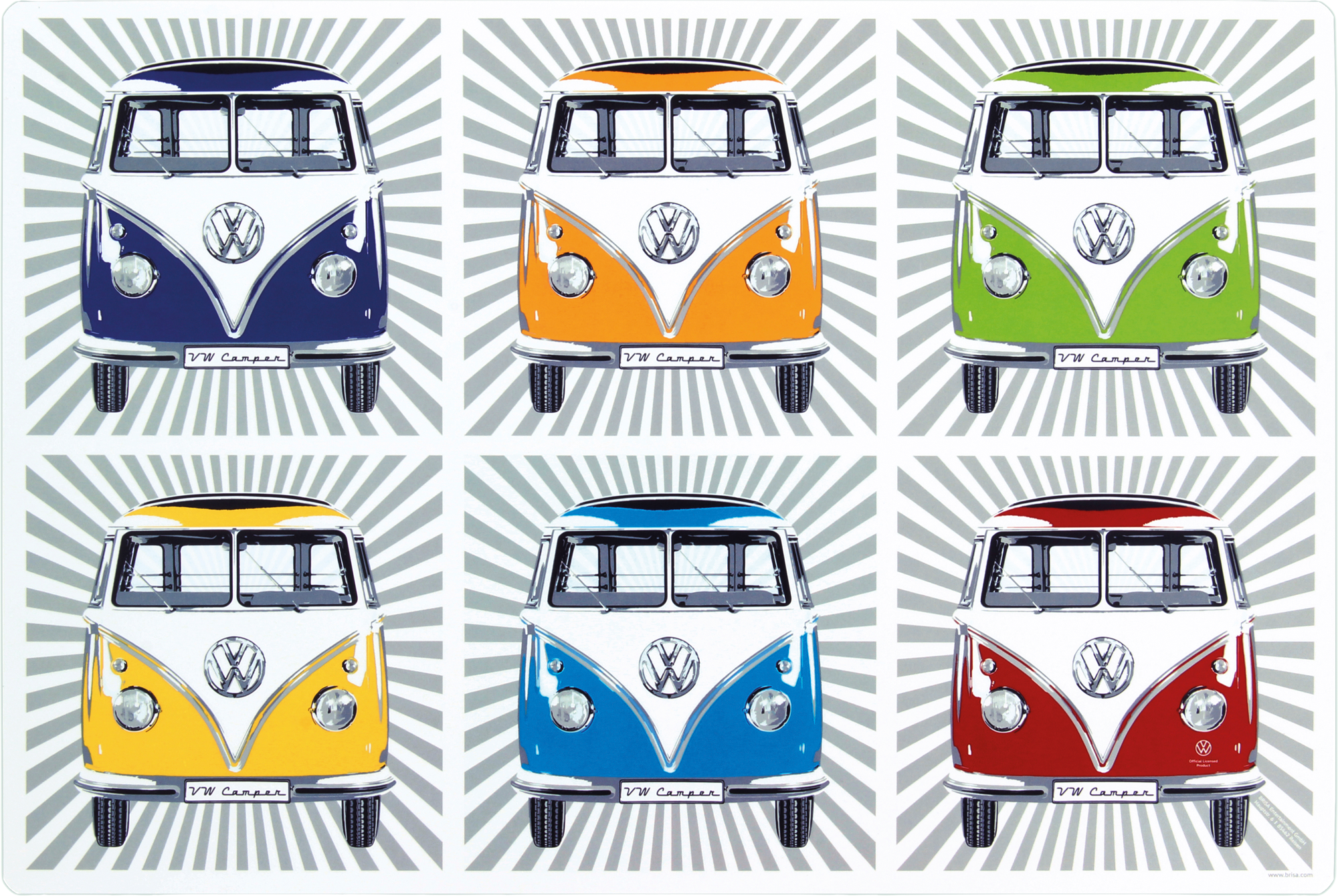 Vaskbare bordbrikker T1 Bulli Bus 4-er sett med fargerikt VW Bulli motiv forfra