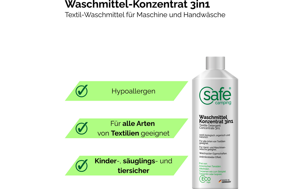 Detalj av Vaskemiddel konsentrat 3in1 tensid-fritt 500 ml SAFE CAMPING etikett