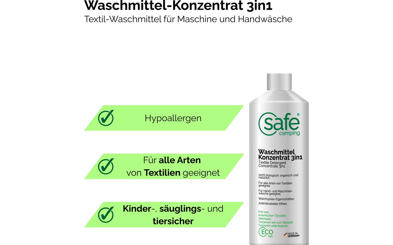 Detalj av Vaskemiddel konsentrat 3in1 tensid-fritt 500 ml SAFE CAMPING etikett
