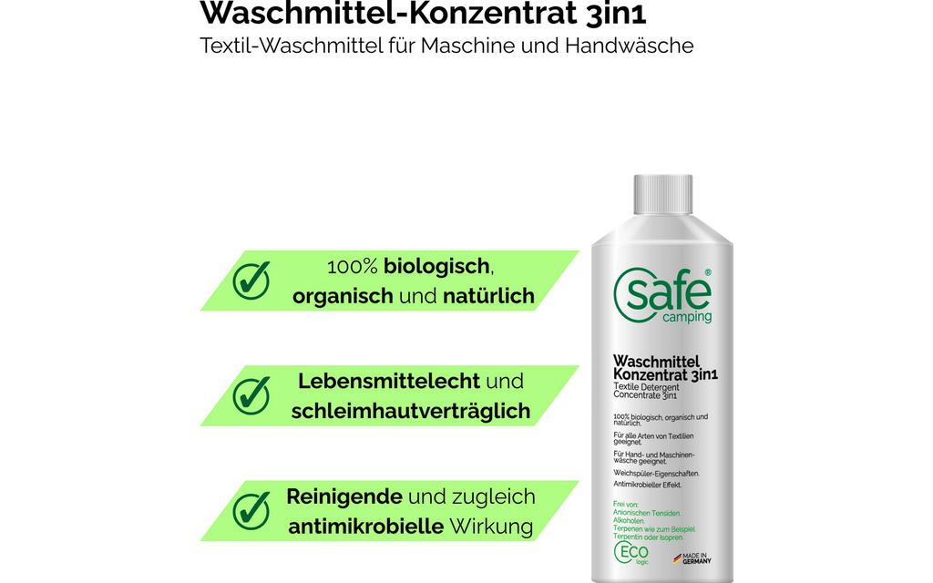 Montert Vaskemiddel konsentrat 3in1 tensid-fritt 500 ml SAFE CAMPING i bruk