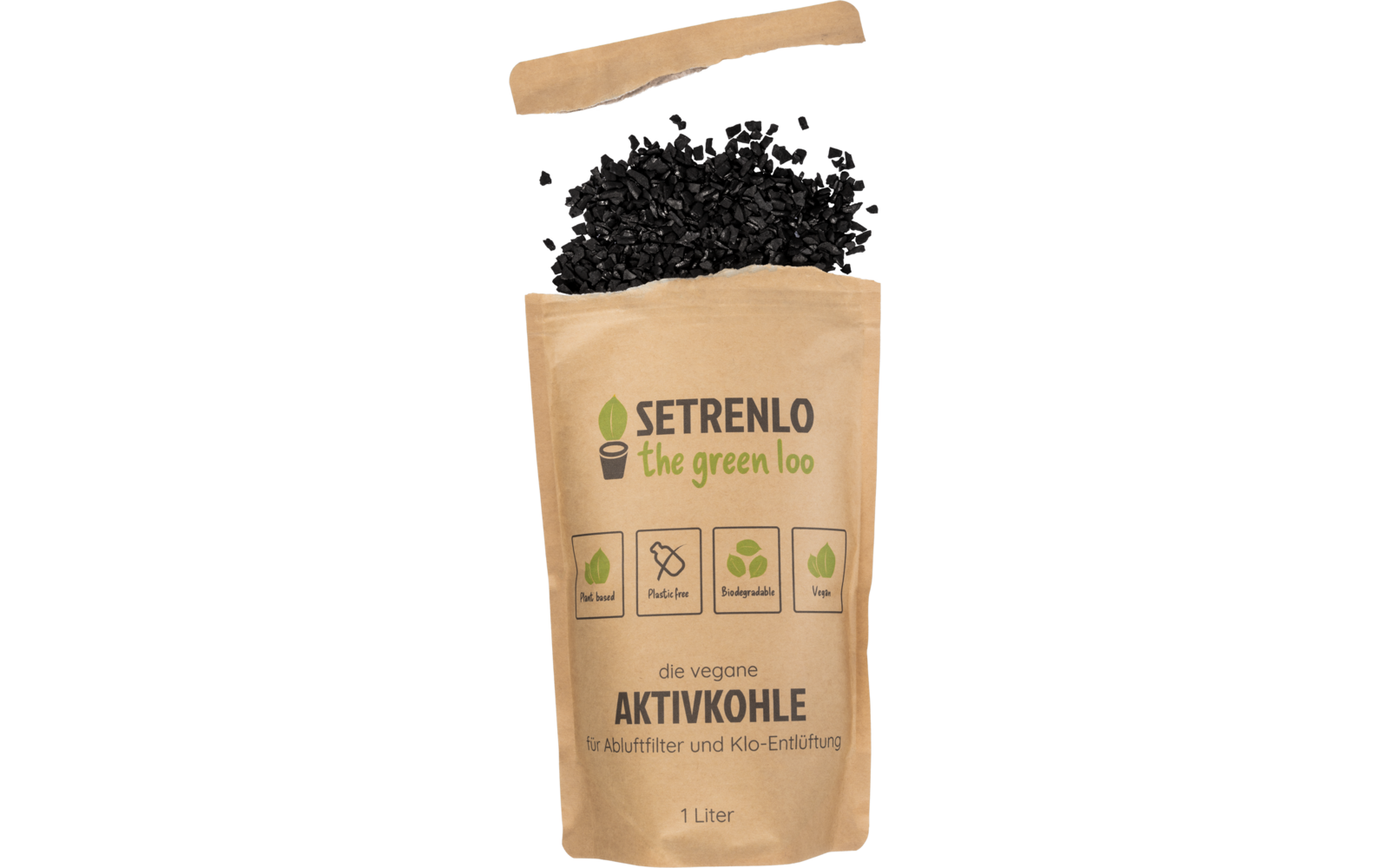 Vegansk aktivkull for avtrekksfilter og toalettventilasjon 1 liter - Setrenlo emballasje detalj