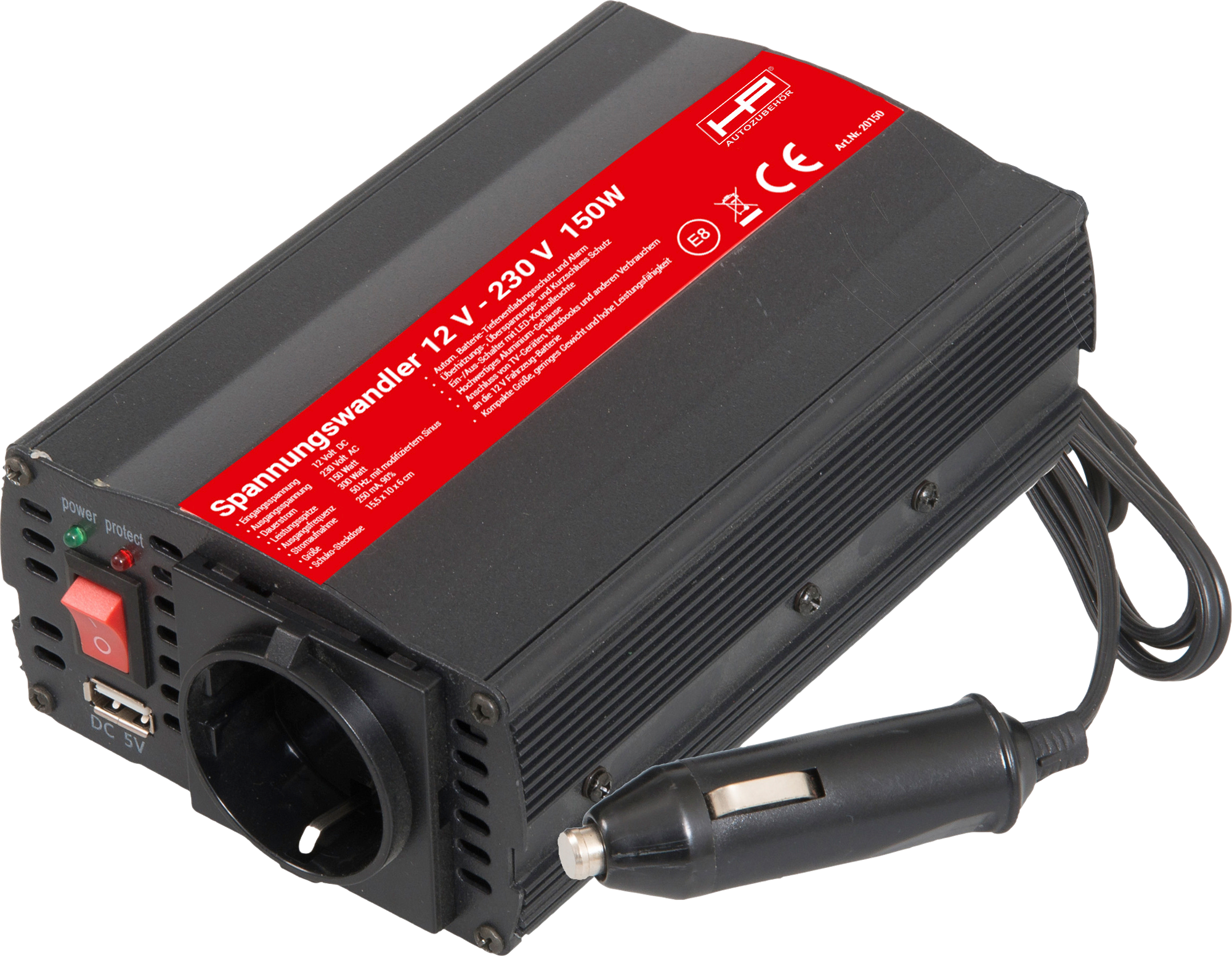Vekselretter 12-230V 300W med USB aluminiumskabinett for campingbruk