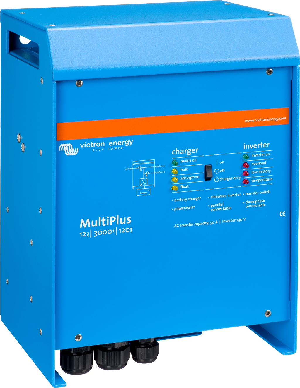 Vekselretter og lader MultiPlus 12/3000/120-50 2400W forfra