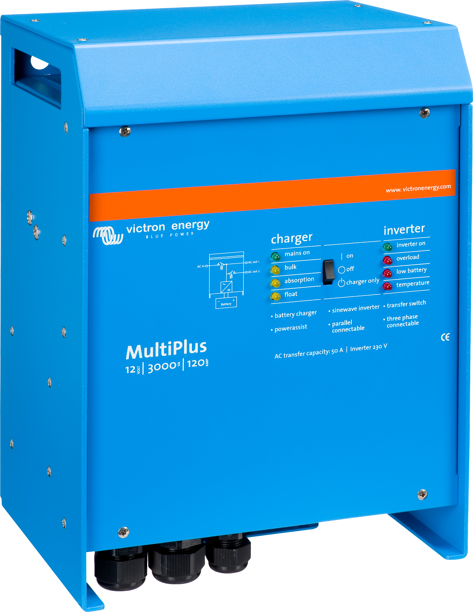 Vekselretter og lader MultiPlus 12/3000/120-50 2400W forfra