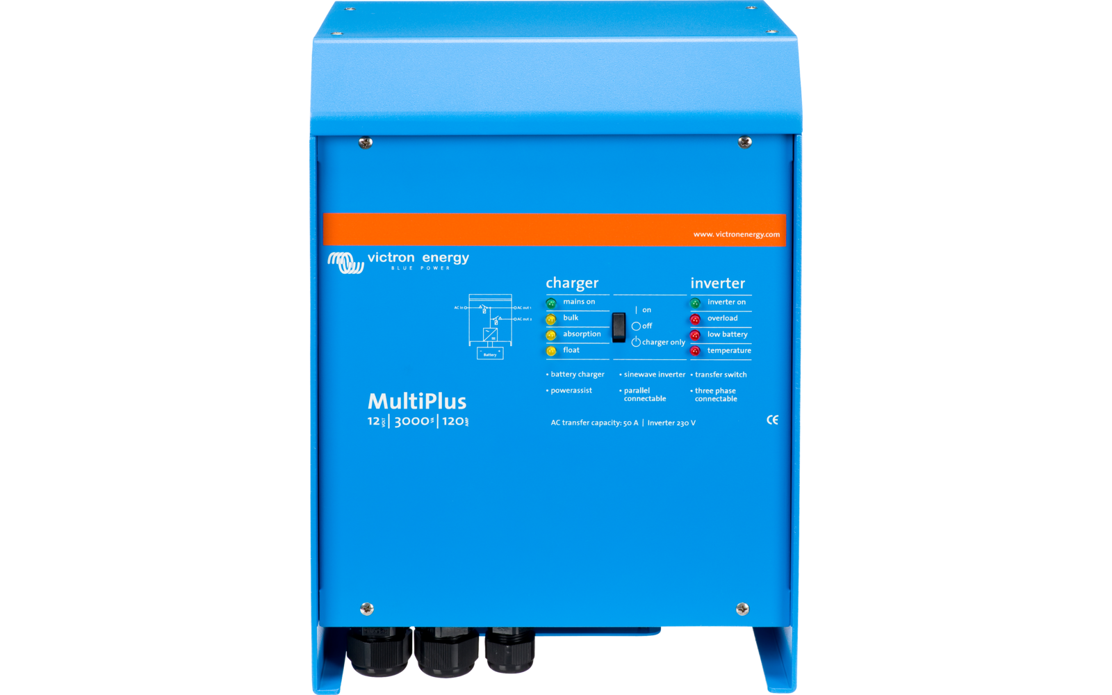 Vekselretter og lader MultiPlus 12/3000/120-50 2400W bakside