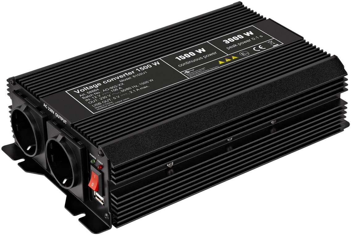 Vekselretter 12 V til 230 V 1500 W med 2 stikkontakter og USB Goobay forfra