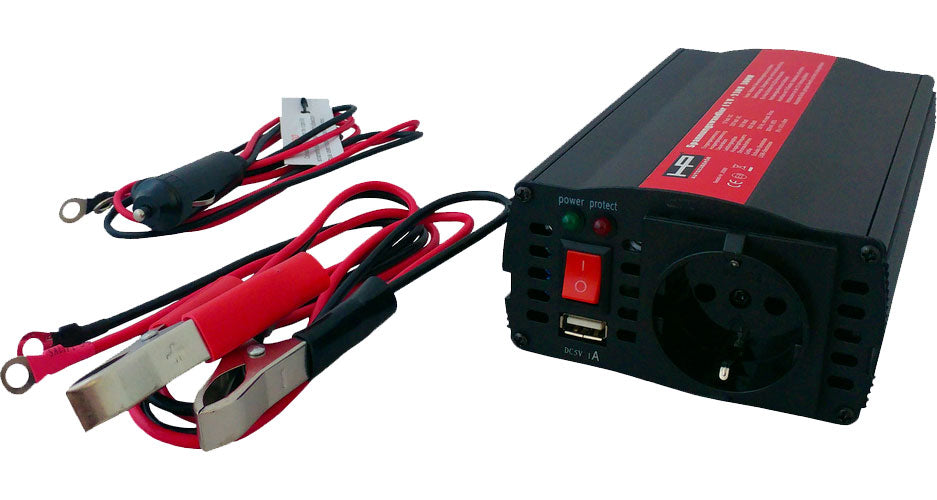 Vekselretter 12V til 230V 300W med batteriklemmer og USB fra HP Autozubehör