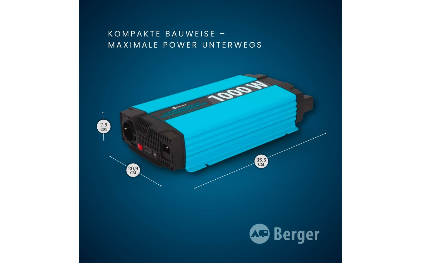 Vekselretter SW ren sinus 1000W 12V til 230V med kabler