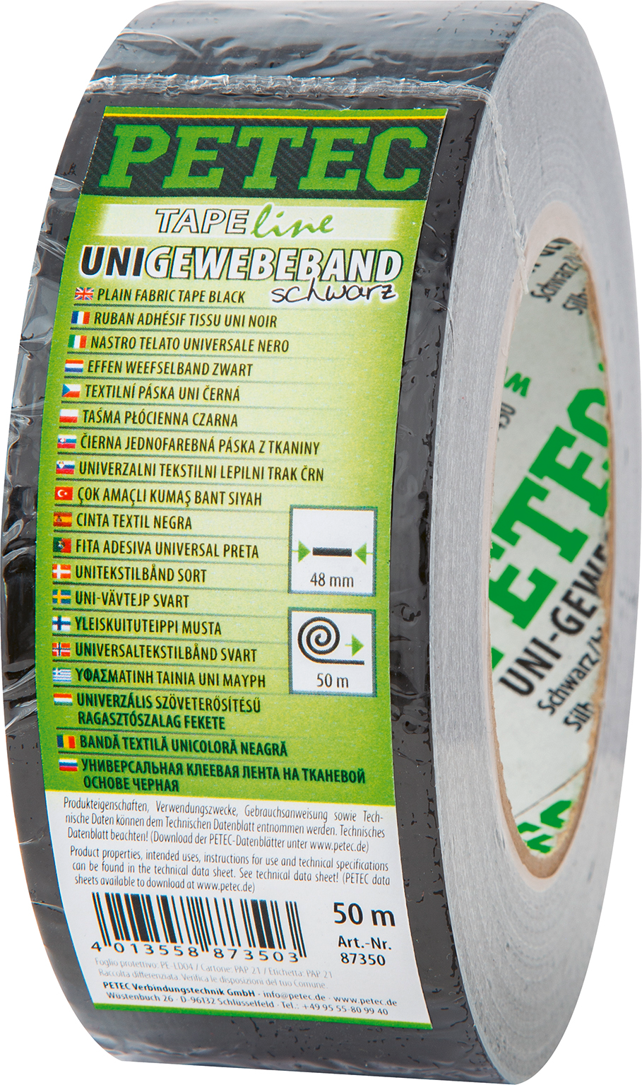 Vevtape svart 50 m x 48 mm for inne- og utebruk - Petec forfra