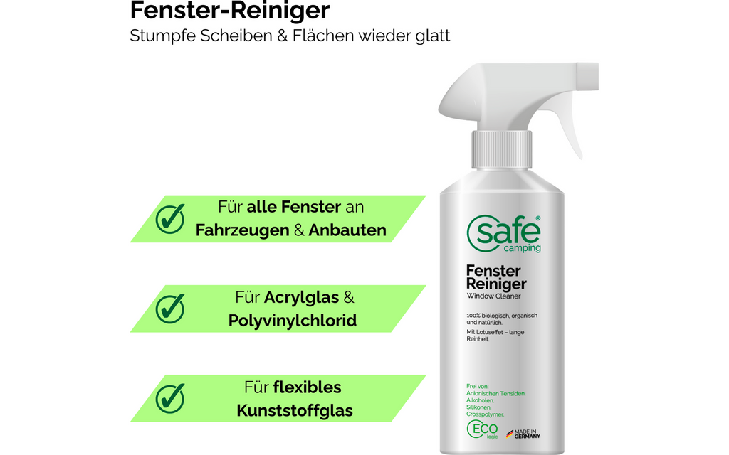 Vindusrens for akrylglass og PVC, alkoholfri 500 ml - Safe Camping montert på flaskeholder