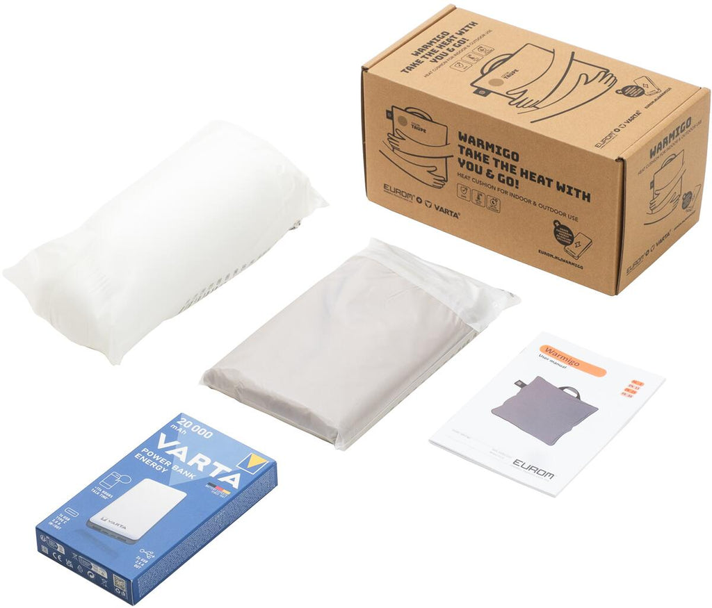 Warmigo varmepute med powerbank 12W 45x45 cm sammenrullet